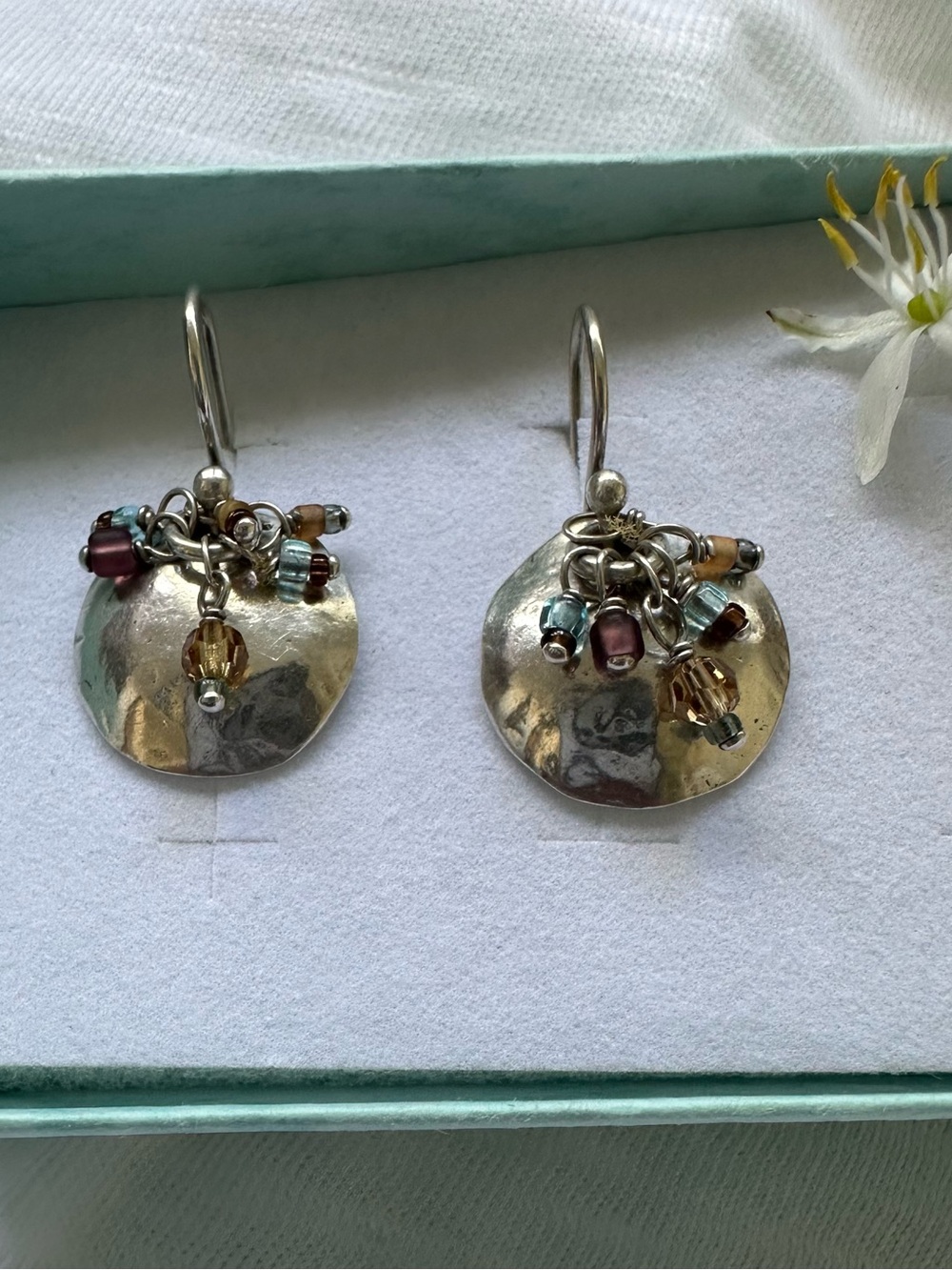 Silpada Silver Disc Earrings with Teal, Amber, and Burgundy Beads